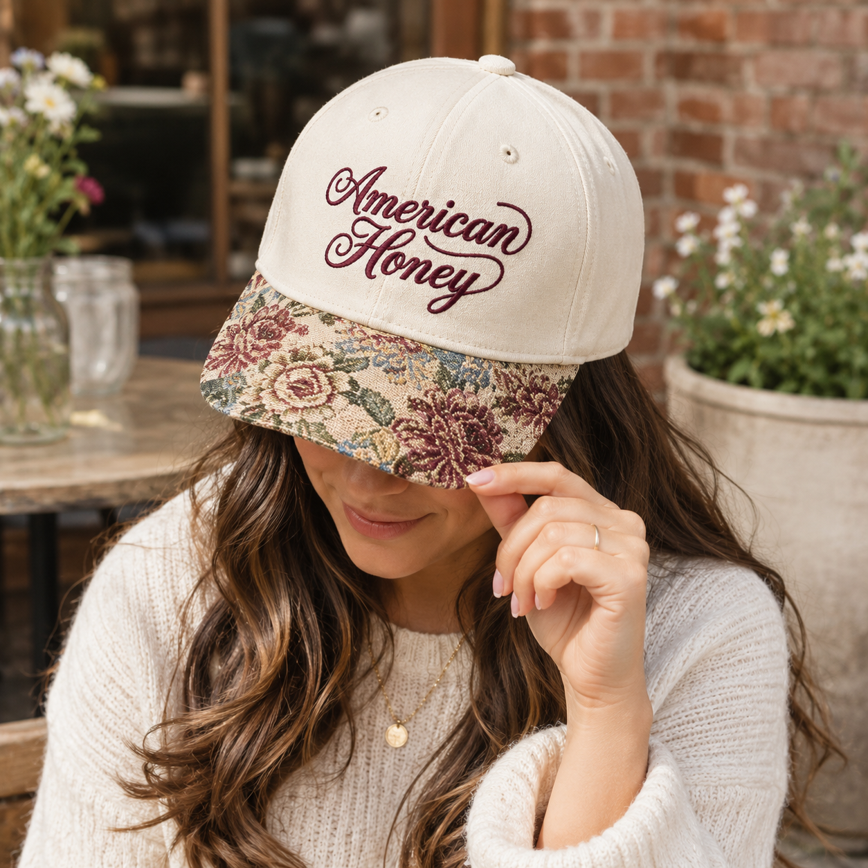 American Honey 250th Anniversary Floral Hat, Custom Embroidered Floral Brim Cap