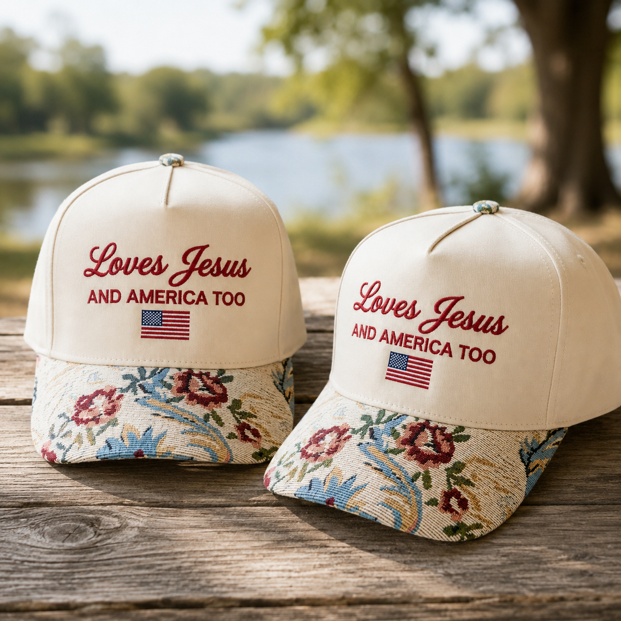 Embroidered She Loves Jesus and America Too Hat, 4th of July Flag Floral Hat, Christian Hat with Floral Tapestry Brim