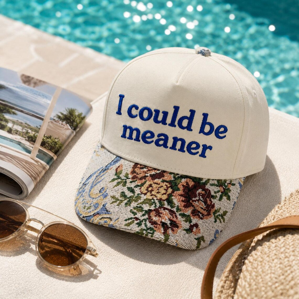 Custom Embroidered Floral Brim Cap, I Could Be Meaner Hat, Funny Sarcastic Gift for Women, Sassy Birthday Present for Best Friend