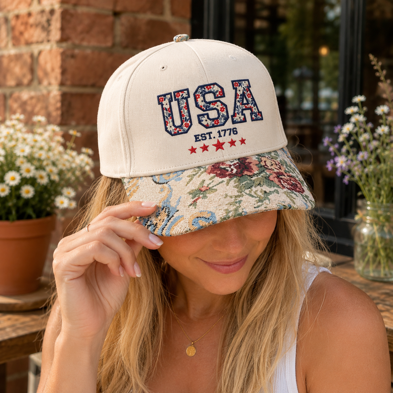 Embroidered USA Anniversary Floral Brim Hat, Patriotic Botanical American Flag Hat, 1776–2026 Freedom Celebration Hat, Retro USA Hat