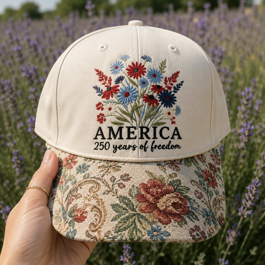 Embroidered America 250 Years of Freedom Floral Brim Hat, 4th of July Cap