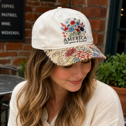 Embroidered America 250 Years of Freedom Floral Brim Hat, 4th of July Cap