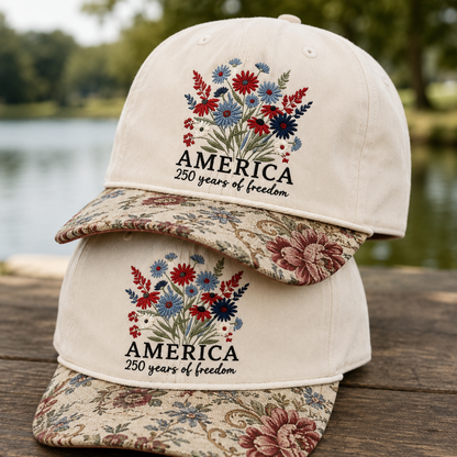 Embroidered America 250 Years of Freedom Floral Brim Hat, 4th of July Cap