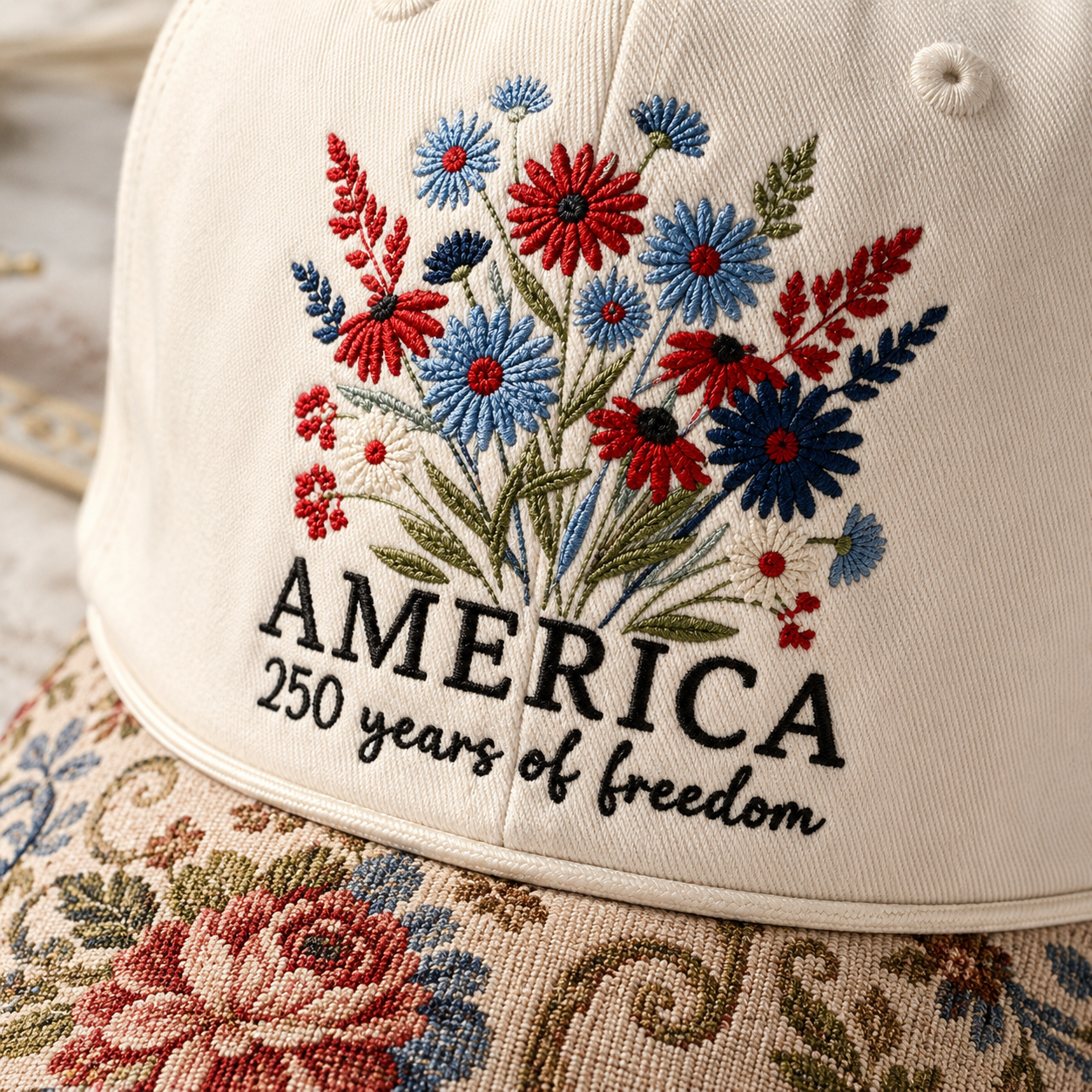 Embroidered America 250 Years of Freedom Floral Brim Hat, 4th of July Cap