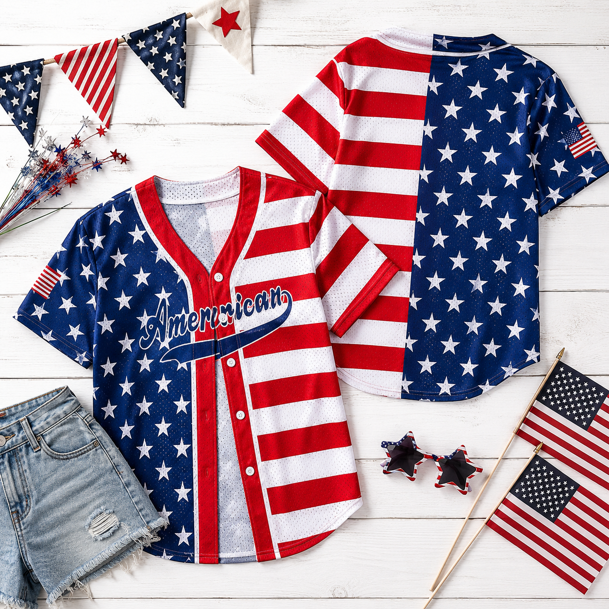 4th of July Jerseys - USA 250th Anniversary Button Down American Flag and Star Patriotic Baseball Shirt