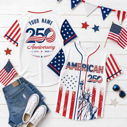 Custom American 250th Anniversary Baseball Jersey, Personalized Name USA Patriotic Freedom Graphic Shirt