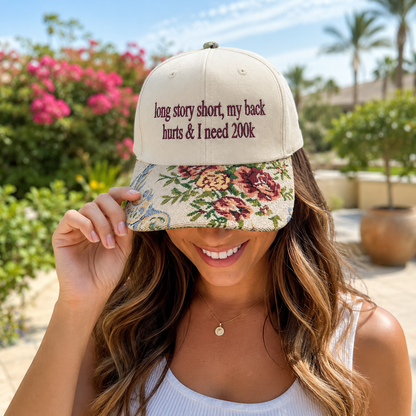 Long Story Short Hat, Custom Embroidered Floral Brim Cap, Funny Sarcastic Gift for Women, Sassy Birthday Present for Best Friend