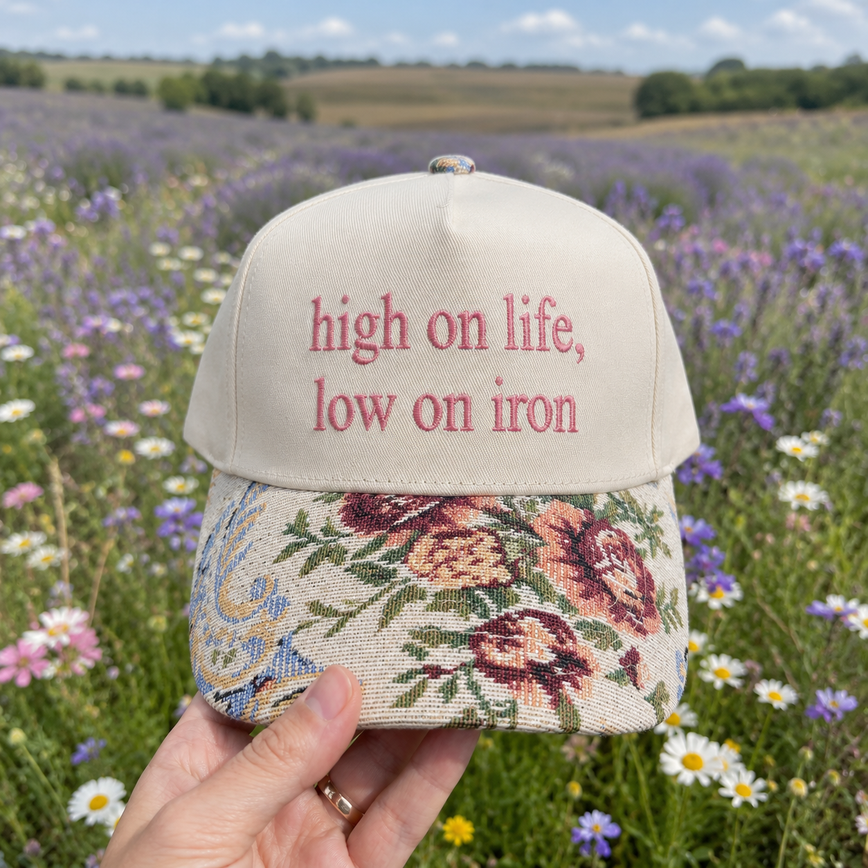 High On Life Low On Iron Hat, Custom Embroidered Floral Brim Cap, Funny Sarcastic Gift for Women, Sassy Birthday Present for Best Friend