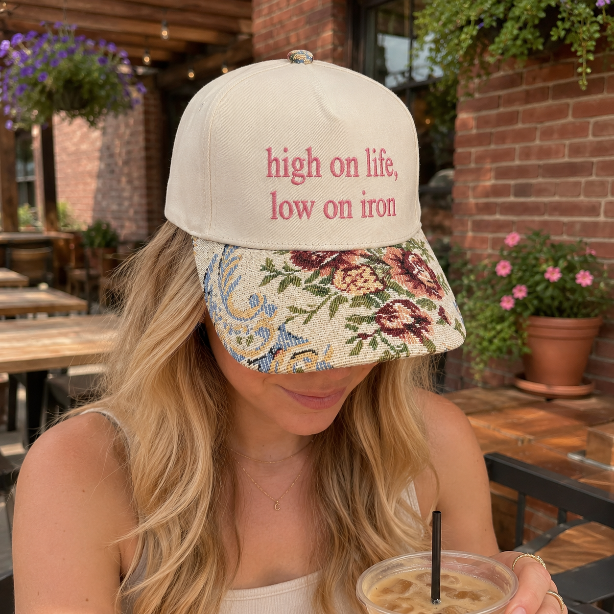 High On Life Low On Iron Hat, Custom Embroidered Floral Brim Cap, Funny Sarcastic Gift for Women, Sassy Birthday Present for Best Friend