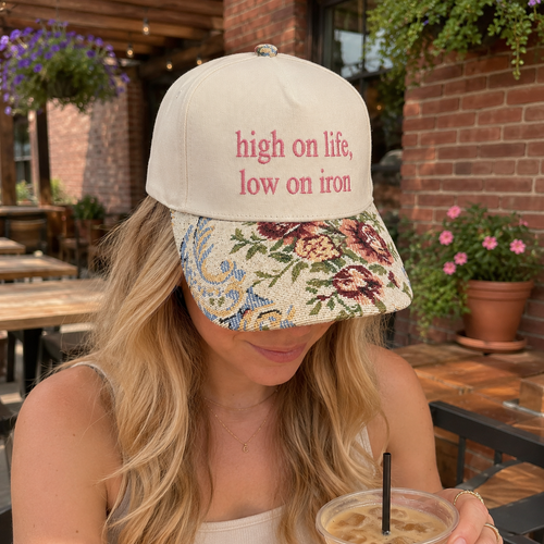 High On Life Low On Iron Hat, Custom Embroidered Floral Brim Cap, Funny Sarcastic Gift for Women, Sassy Birthday Present for Best Friend