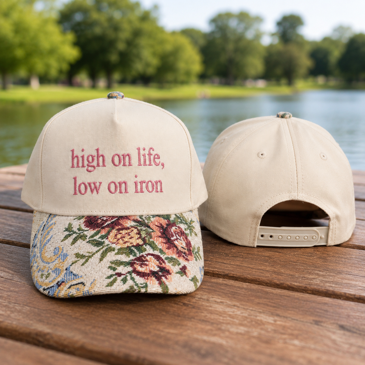 High On Life Low On Iron Hat, Custom Embroidered Floral Brim Cap, Funny Sarcastic Gift for Women, Sassy Birthday Present for Best Friend