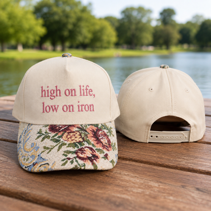 High On Life Low On Iron Hat, Custom Embroidered Floral Brim Cap, Funny Sarcastic Gift for Women, Sassy Birthday Present for Best Friend