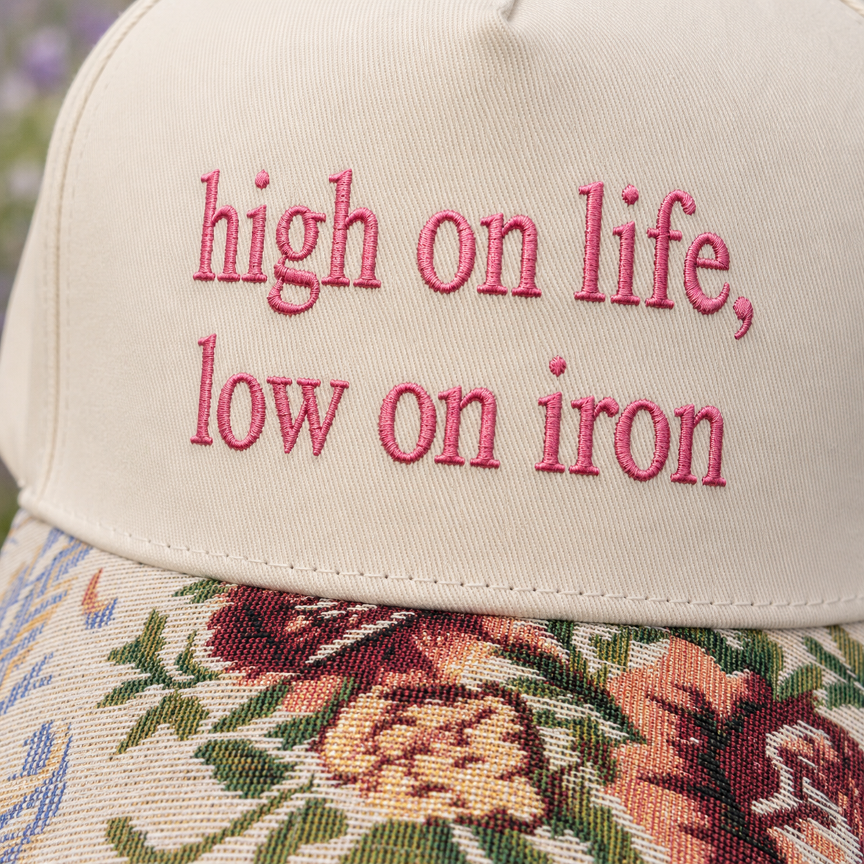 High On Life Low On Iron Hat, Custom Embroidered Floral Brim Cap, Funny Sarcastic Gift for Women, Sassy Birthday Present for Best Friend