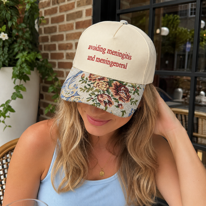 Avoiding Meningitis And Meningeneral Hat, Custom Embroidered Floral Brim Cap, Funny Sarcastic Gift for Women, Sassy Birthday Present for Best Friend