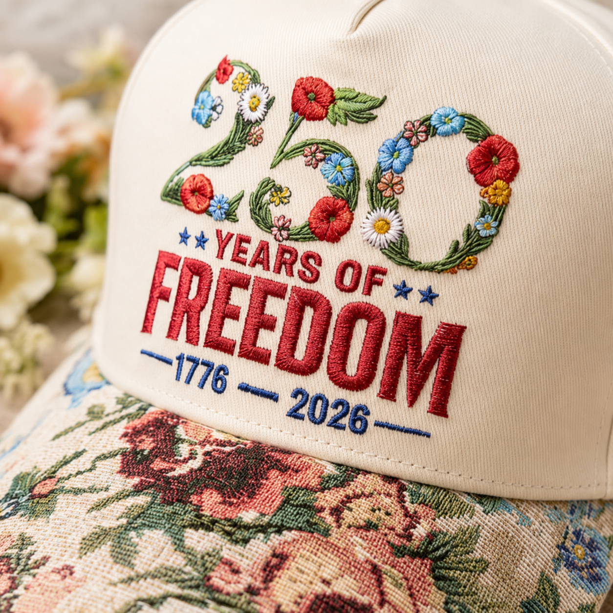 Year Of Freedom 250th ANNIVERSARY Floral Hat, Custom Embroidered Floral Brim Cap, Funny Sarcastic Gift for Women, Sassy Birthday Present for Best Friend