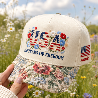 USA 250 Years Of FREEDOM Floral Hat, Custom Embroidered Floral Brim Cap