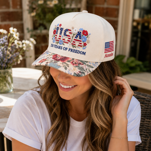 USA 250 Years Of FREEDOM Floral Hat, Custom Embroidered Floral Brim Cap