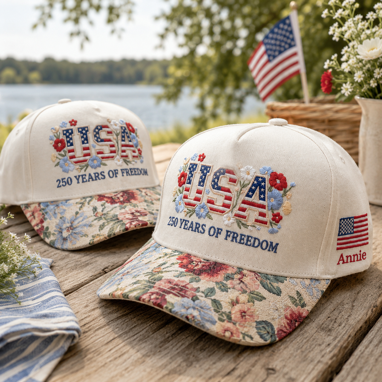 USA 250 Years Of FREEDOM Floral Hat, Custom Embroidered Floral Brim Cap