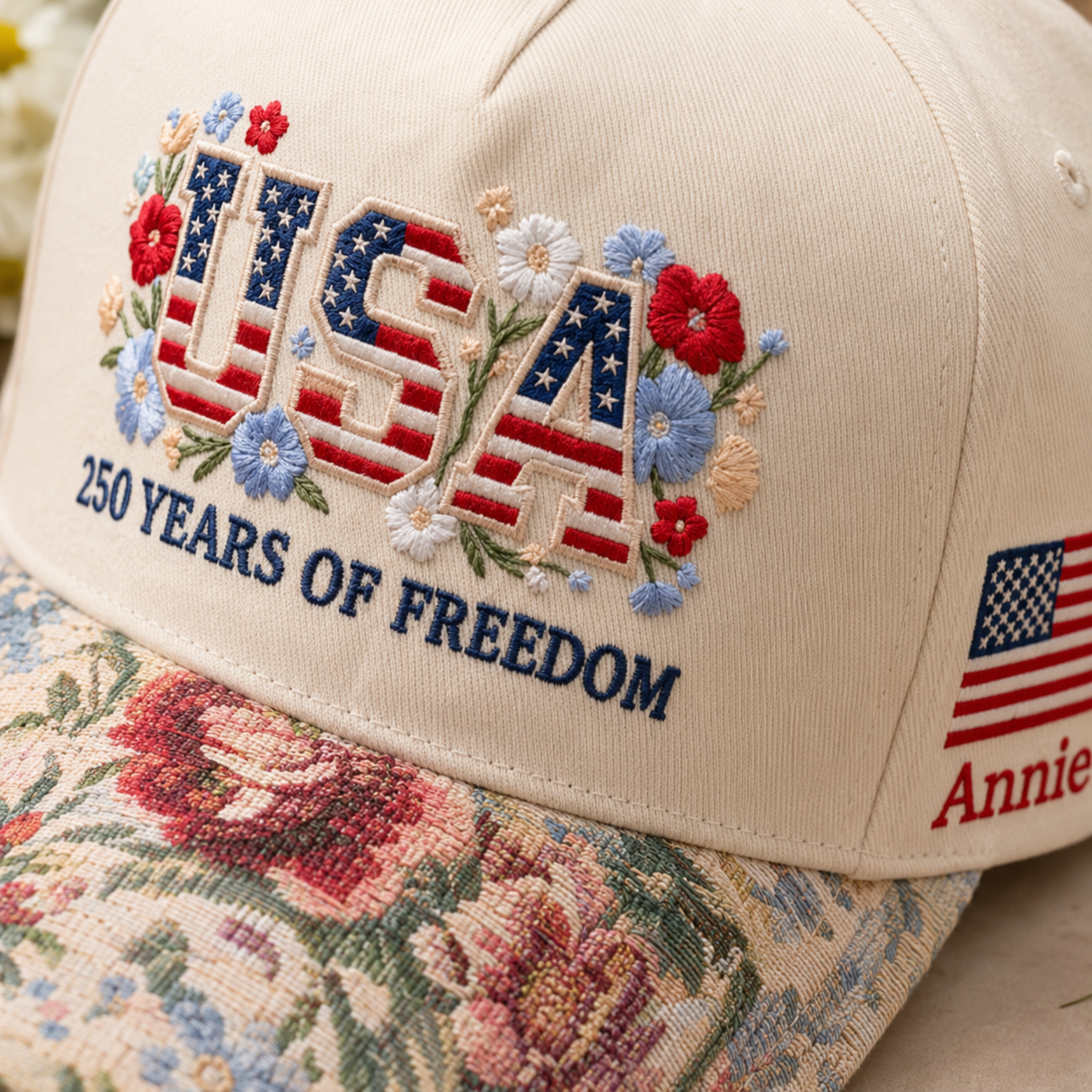 USA 250 Years Of FREEDOM Floral Hat, Custom Embroidered Floral Brim Cap