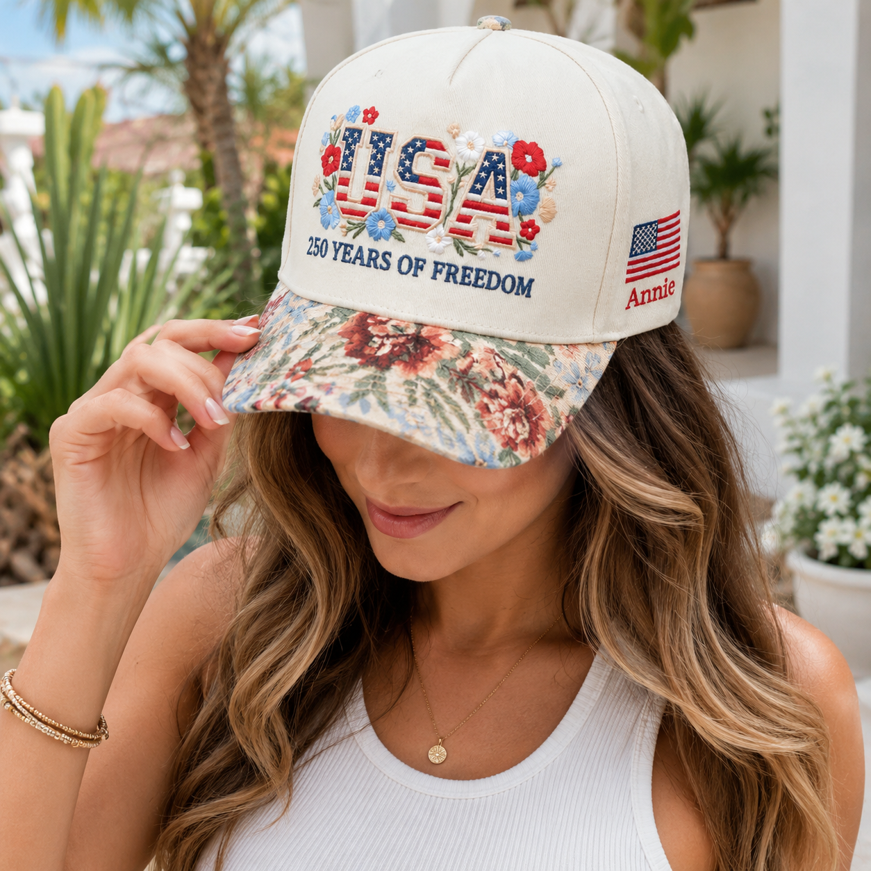 USA 250 Years Of FREEDOM Floral Hat, Custom Embroidered Floral Brim Cap