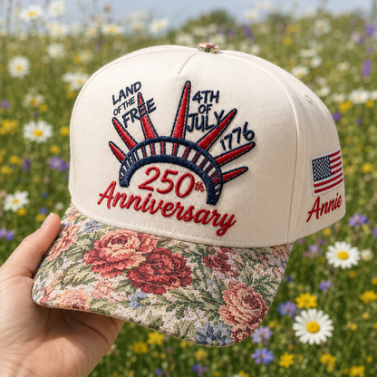 Land Of Free 250th Anniversary Floral Hat, Custom Embroidered Floral Brim Cap