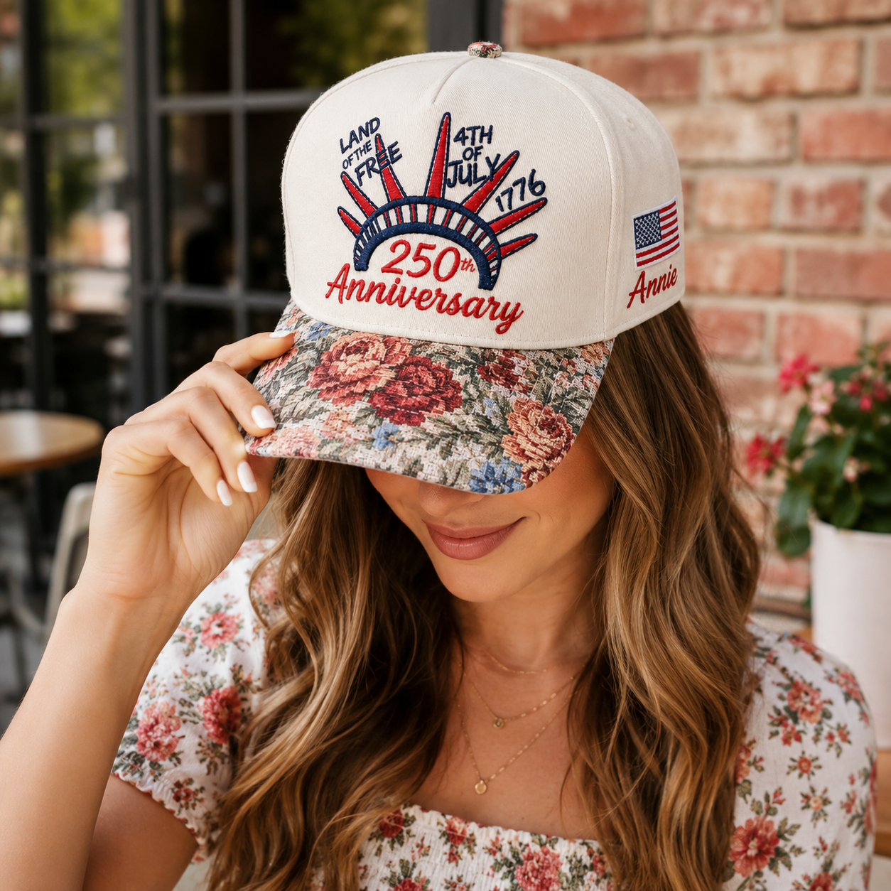 Land Of Free 250th Anniversary Floral Hat, Custom Embroidered Floral Brim Cap
