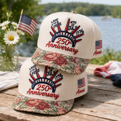 Land Of Free 250th Anniversary Floral Hat, Custom Embroidered Floral Brim Cap