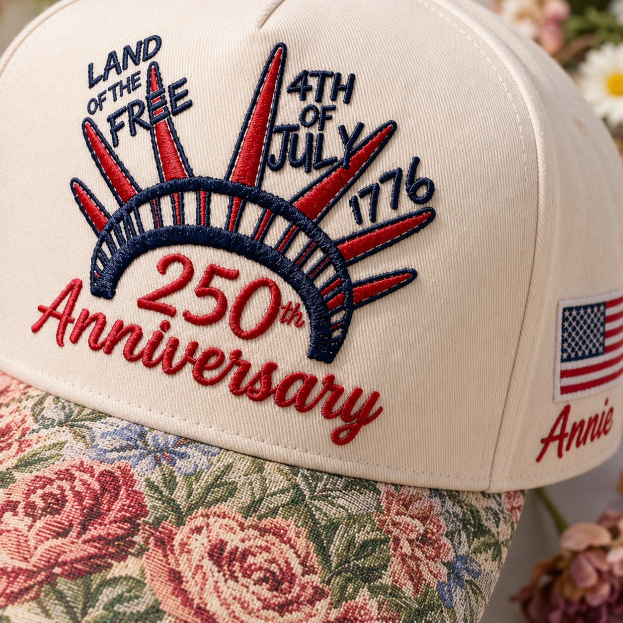 Land Of Free 250th Anniversary Floral Hat, Custom Embroidered Floral Brim Cap