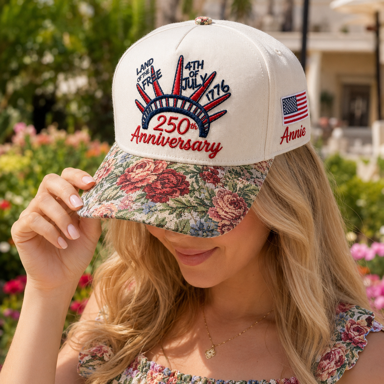 Land Of Free 250th Anniversary Floral Hat, Custom Embroidered Floral Brim Cap
