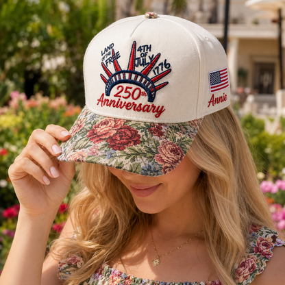 Land Of Free 250th Anniversary Floral Hat, Custom Embroidered Floral Brim Cap