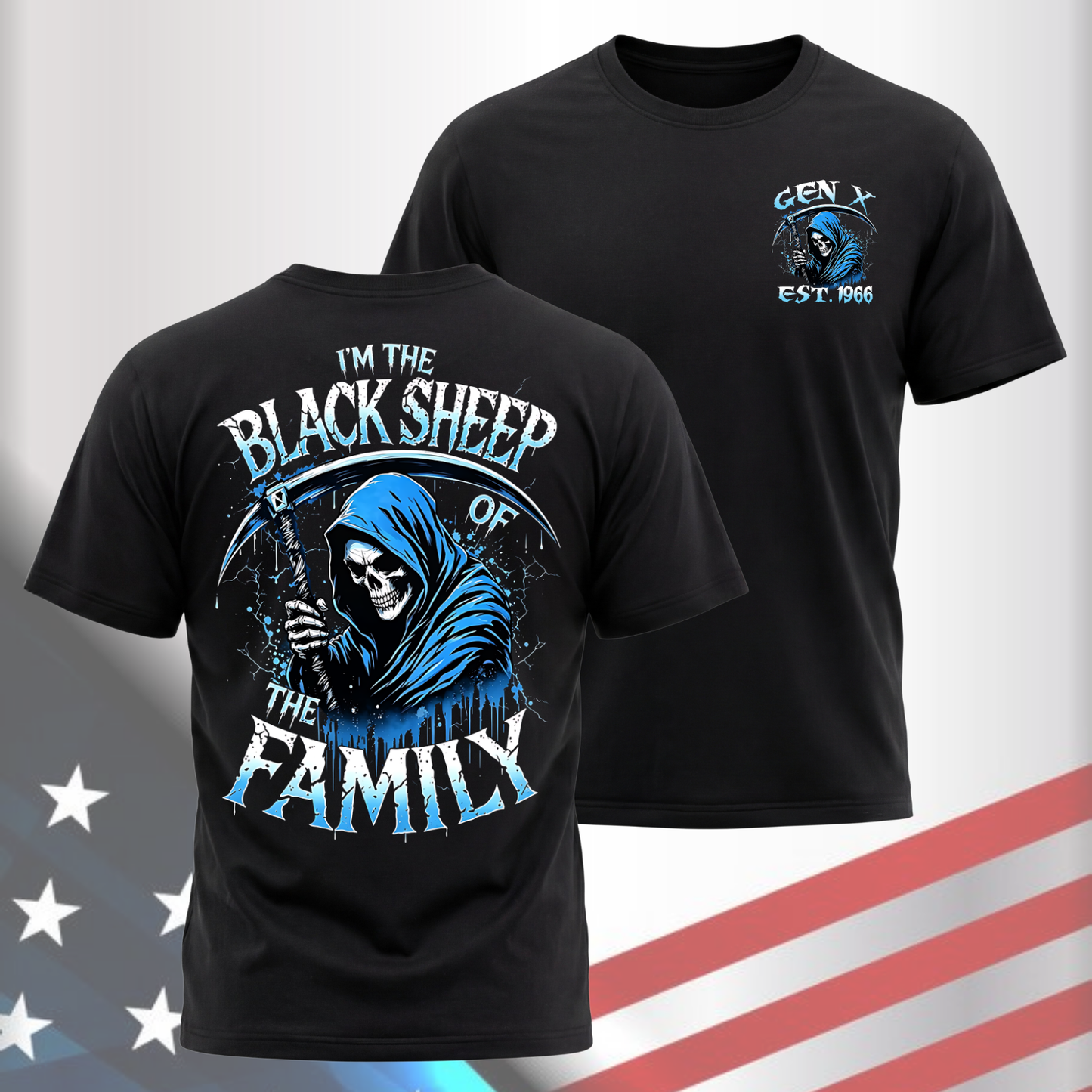 Gen X Custom Birth Year Skull Shirt – l'm The Black Sheep of The Family Graphic Tee