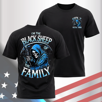 Gen X Custom Birth Year Skull Shirt – l'm The Black Sheep of The Family Graphic Tee