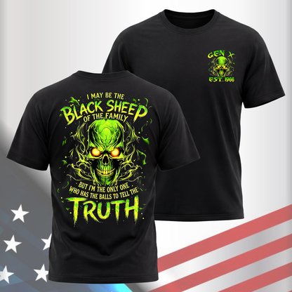 Gen X Custom Birth Year Skull Shirt – Black Sheep Of The Family But I'm The Only One Who Has The Balls To Tell The Truth Graphic Tee