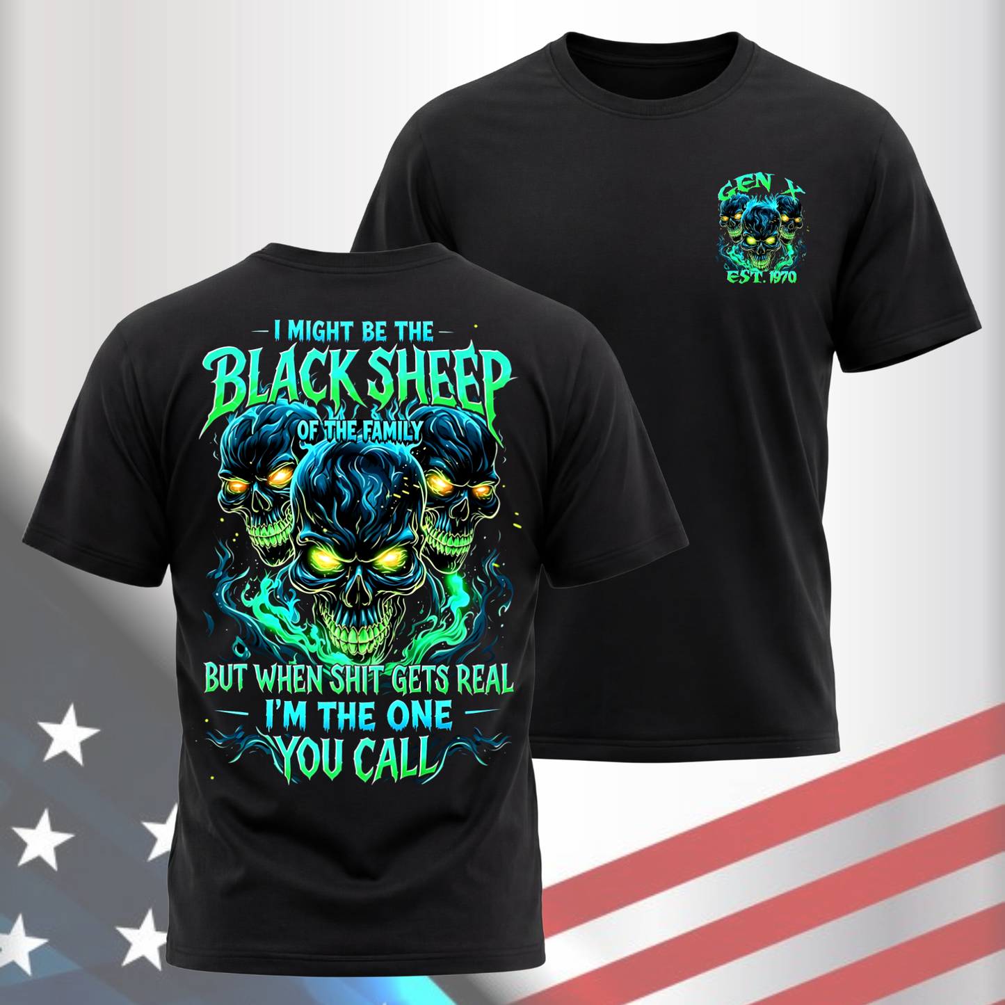 Gen X Custom Birth Year Skull Shirt –  I Might Be The Black Sheep Of The Family Graphic Tee