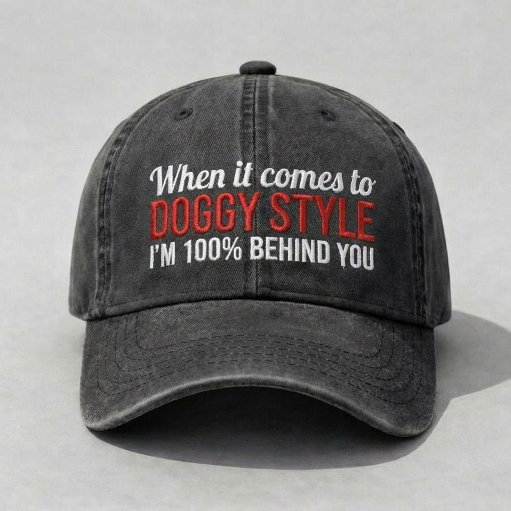 Funny Doggy Style Embroidered Washed Dad Hat, Adult Humor Joke Cap, Vintage Distressed Cotton Baseball Hat, Bold Statement Streetwear, Low Profile Adjustable Cap For Men Women