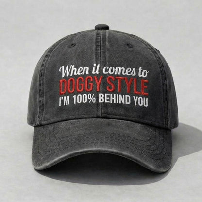 Funny Doggy Style Embroidered Washed Dad Hat, Adult Humor Joke Cap, Vintage Distressed Cotton Baseball Hat, Bold Statement Streetwear, Low Profile Adjustable Cap For Men Women
