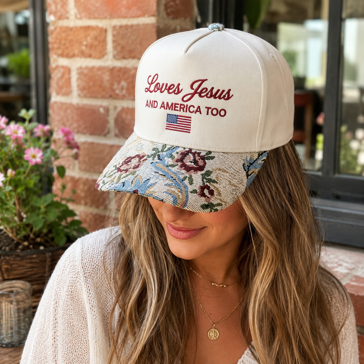 Embroidered She Loves Jesus and America Too Hat, 4th of July Flag Floral Hat, Christian Hat with Floral Tapestry Brim