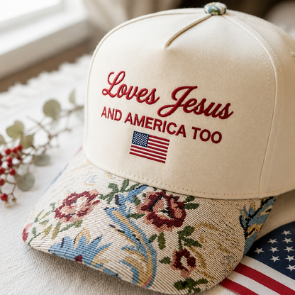 Embroidered She Loves Jesus and America Too Hat, 4th of July Flag Floral Hat, Christian Hat with Floral Tapestry Brim
