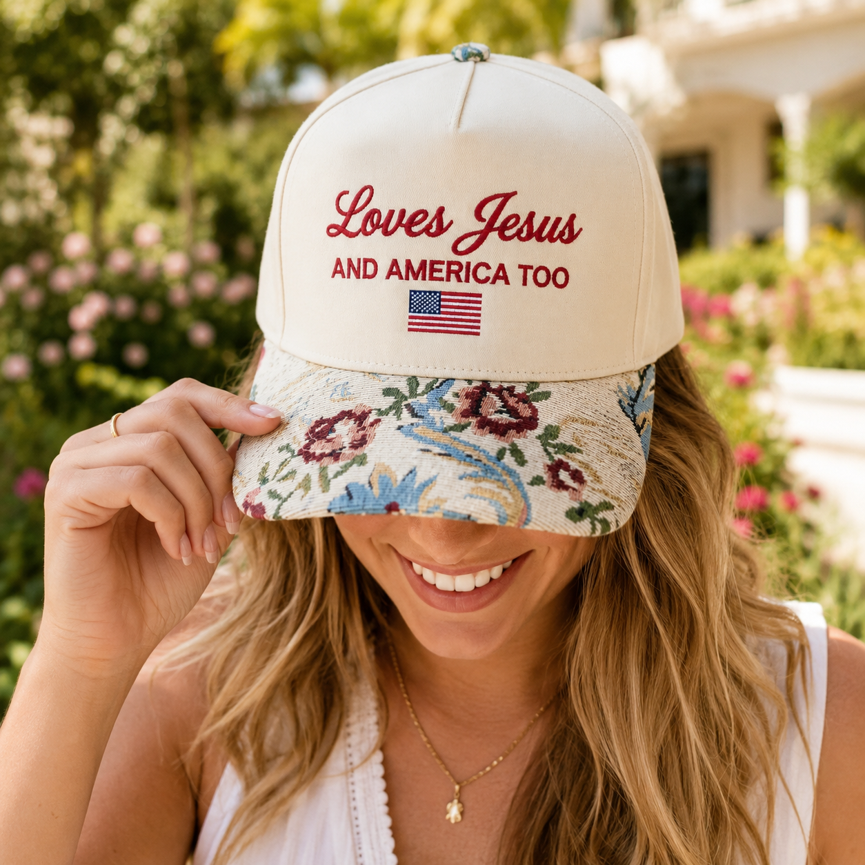 Embroidered She Loves Jesus and America Too Hat, 4th of July Flag Floral Hat, Christian Hat with Floral Tapestry Brim