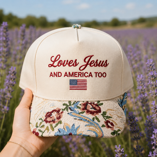 Embroidered She Loves Jesus and America Too Hat, 4th of July Flag Floral Hat, Christian Hat with Floral Tapestry Brim