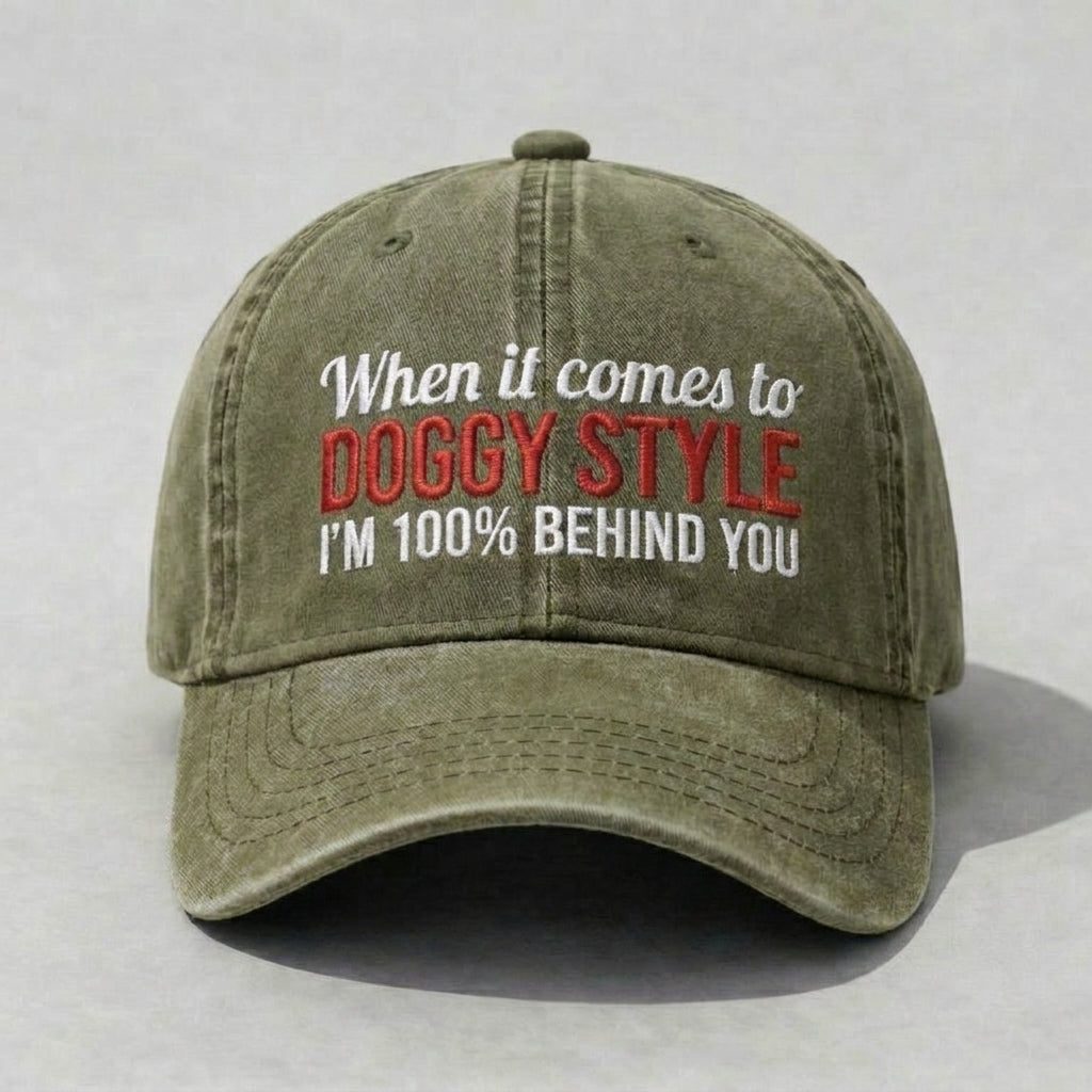Funny Doggy Style Embroidered Washed Dad Hat, Adult Humor Joke Cap, Vintage Distressed Cotton Baseball Hat, Bold Statement Streetwear, Low Profile Adjustable Cap For Men Women