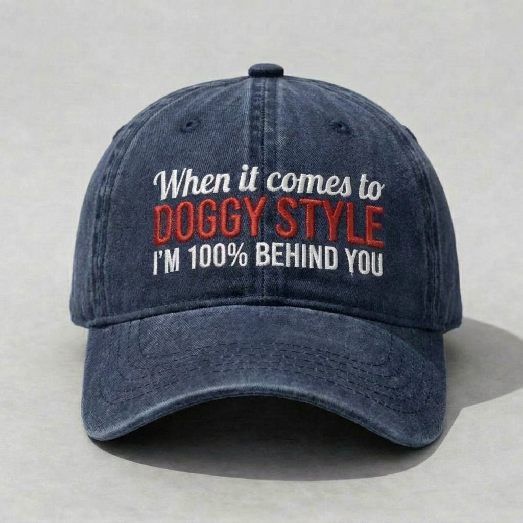Funny Doggy Style Embroidered Washed Dad Hat, Adult Humor Joke Cap, Vintage Distressed Cotton Baseball Hat, Bold Statement Streetwear, Low Profile Adjustable Cap For Men Women