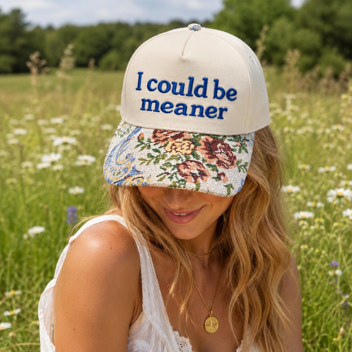 Custom Embroidered Floral Brim Cap, I Could Be Meaner Hat, Funny Sarcastic Gift for Women, Sassy Birthday Present for Best Friend