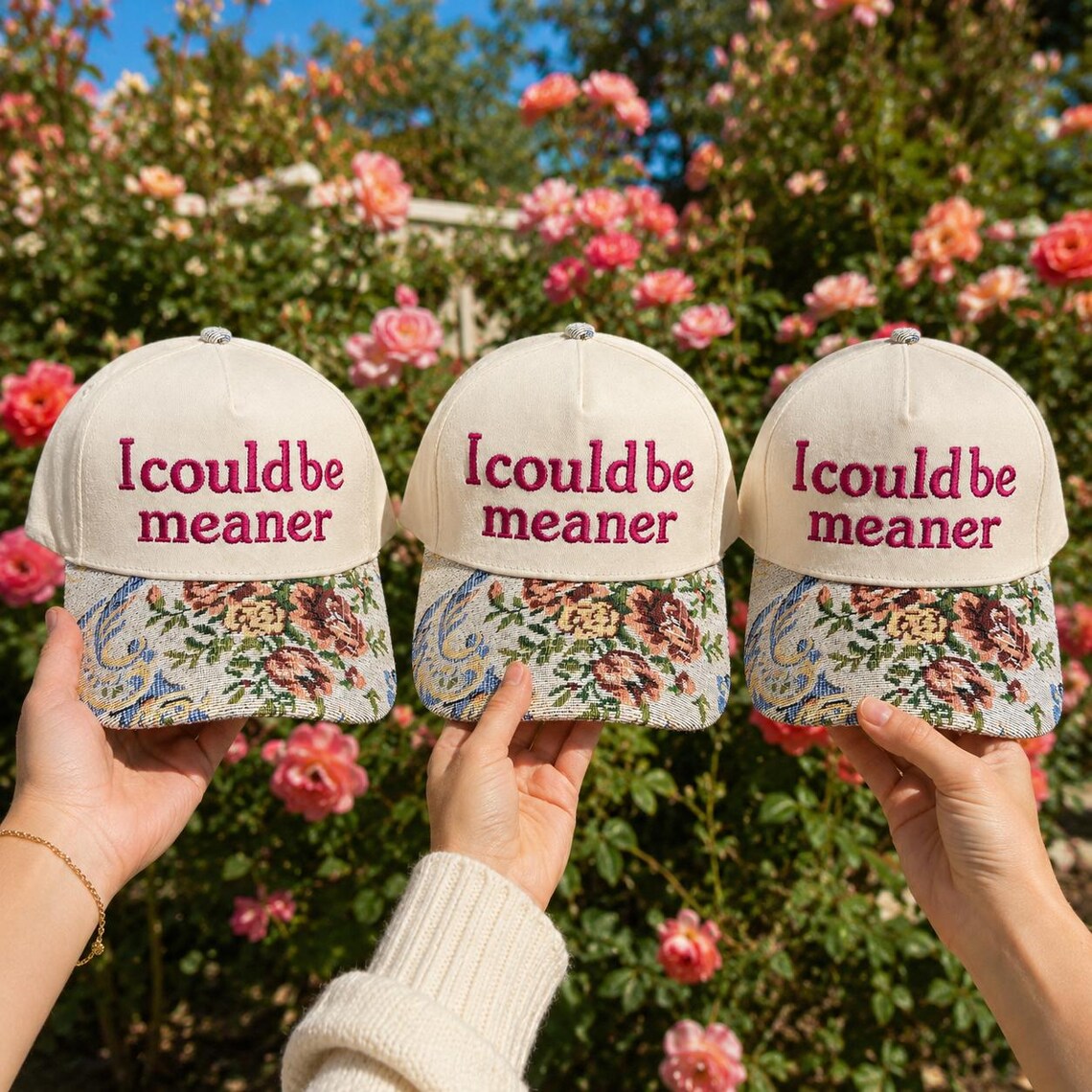 Custom Embroidered Floral Brim Cap, I Could Be Meaner Hat, Funny Sarcastic Gift for Women, Sassy Birthday Present for Best Friend