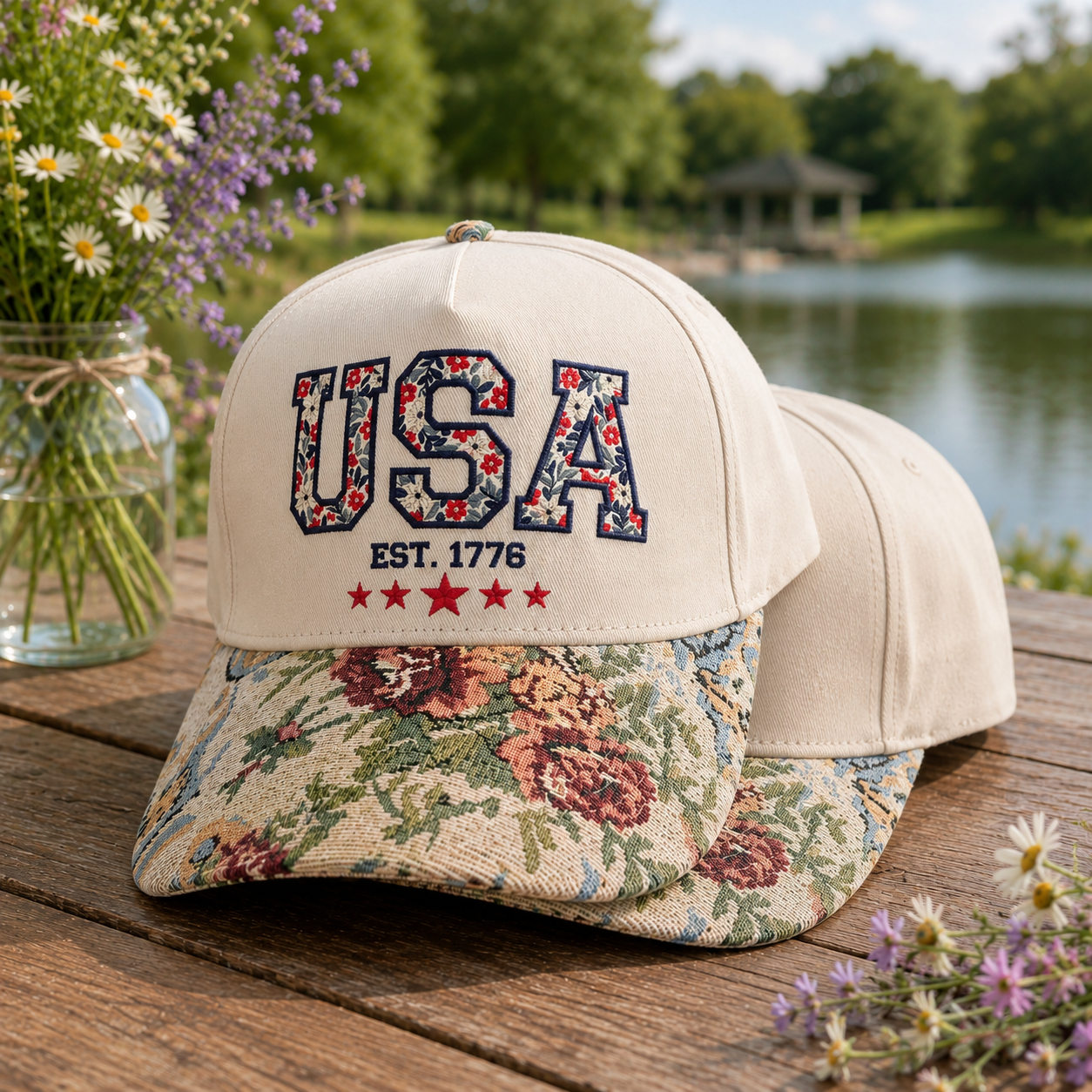 Embroidered USA Anniversary Floral Brim Hat, Patriotic Botanical American Flag Hat, 1776–2026 Freedom Celebration Hat, Retro USA Hat