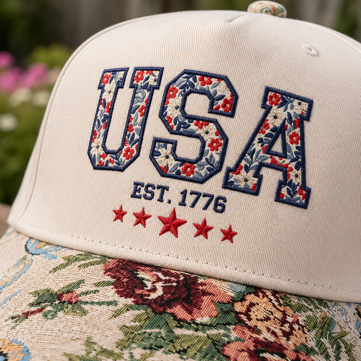 Embroidered USA Anniversary Floral Brim Hat, Patriotic Botanical American Flag Hat, 1776–2026 Freedom Celebration Hat, Retro USA Hat