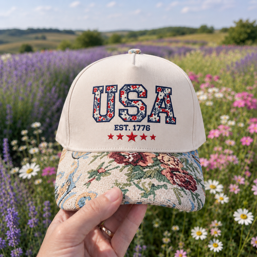 Embroidered USA Anniversary Floral Brim Hat, Patriotic Botanical American Flag Hat, 1776–2026 Freedom Celebration Hat, Retro USA Hat